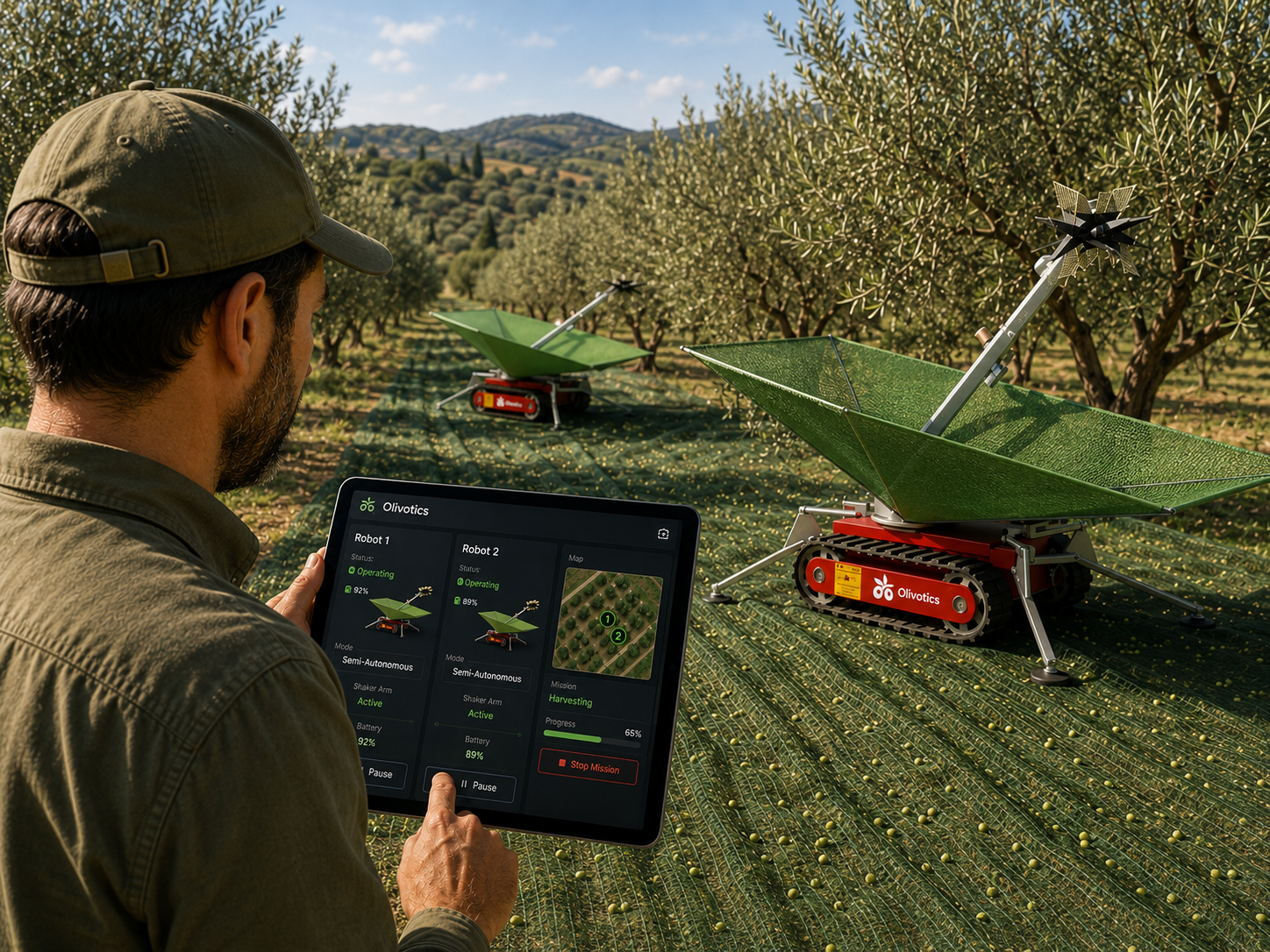 Farmer supervising two Olivotics robots from a tablet